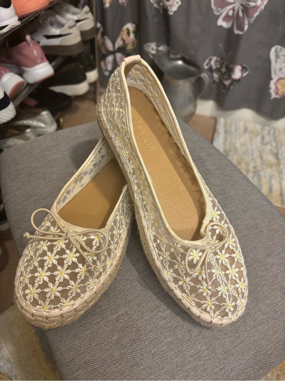 Woven Floral Ballet Espadrilles - Beige